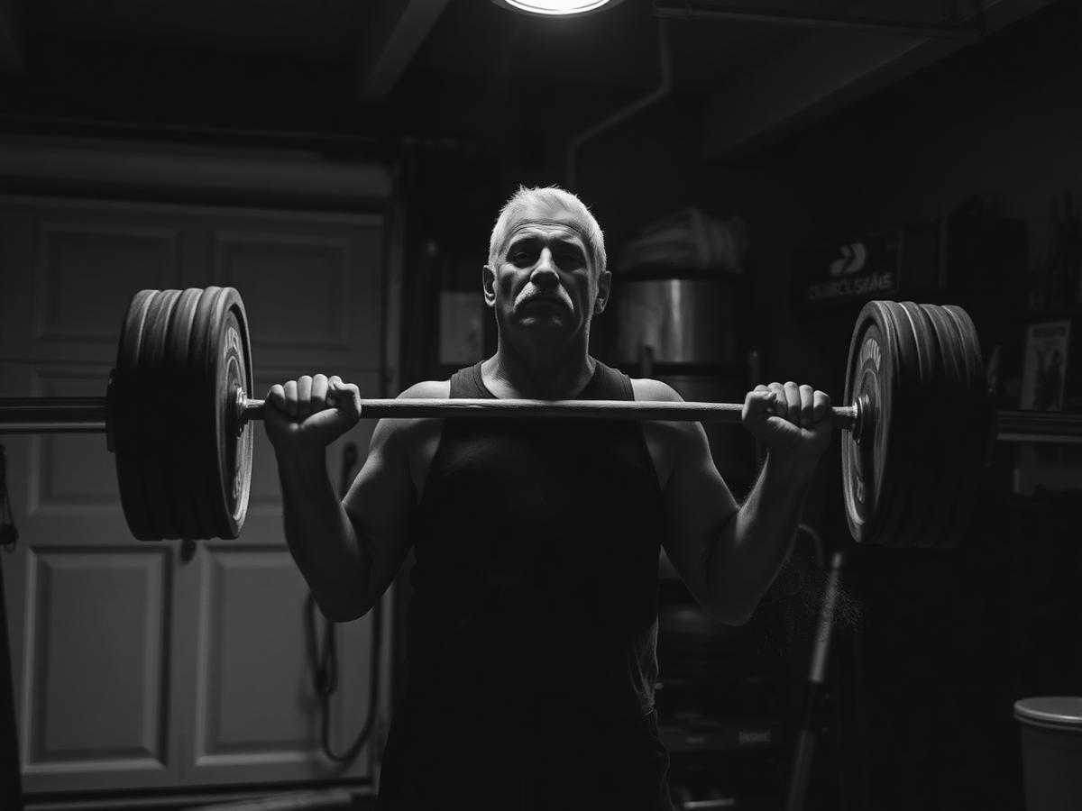 Dave lifting a loaded barbell in his garage gym