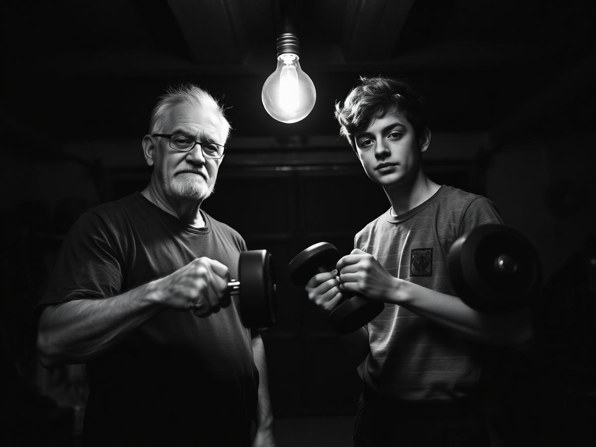 Kevin training with his teenage son in the garage at night