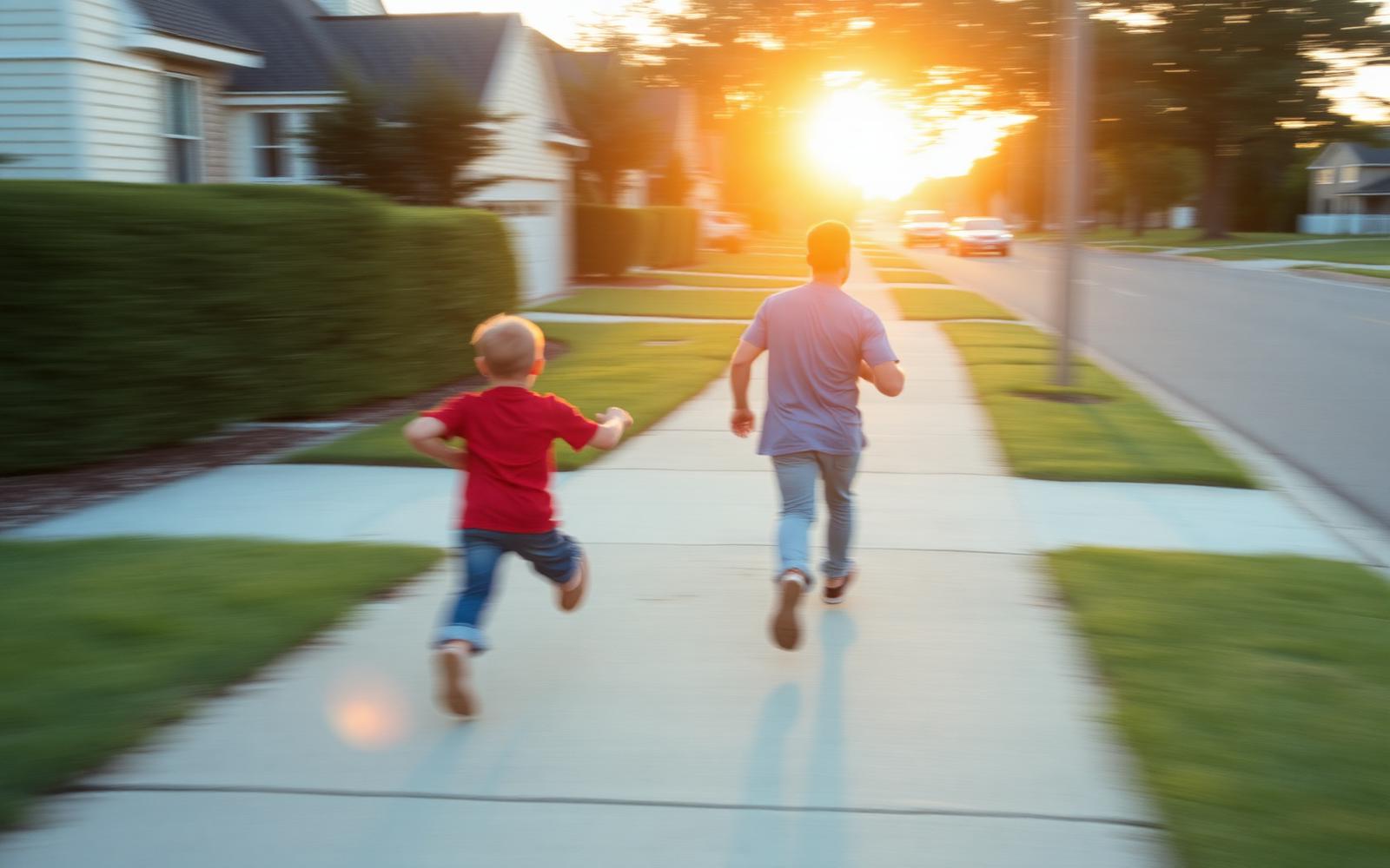 A dad racing his young son down the sidewalk at golden hour