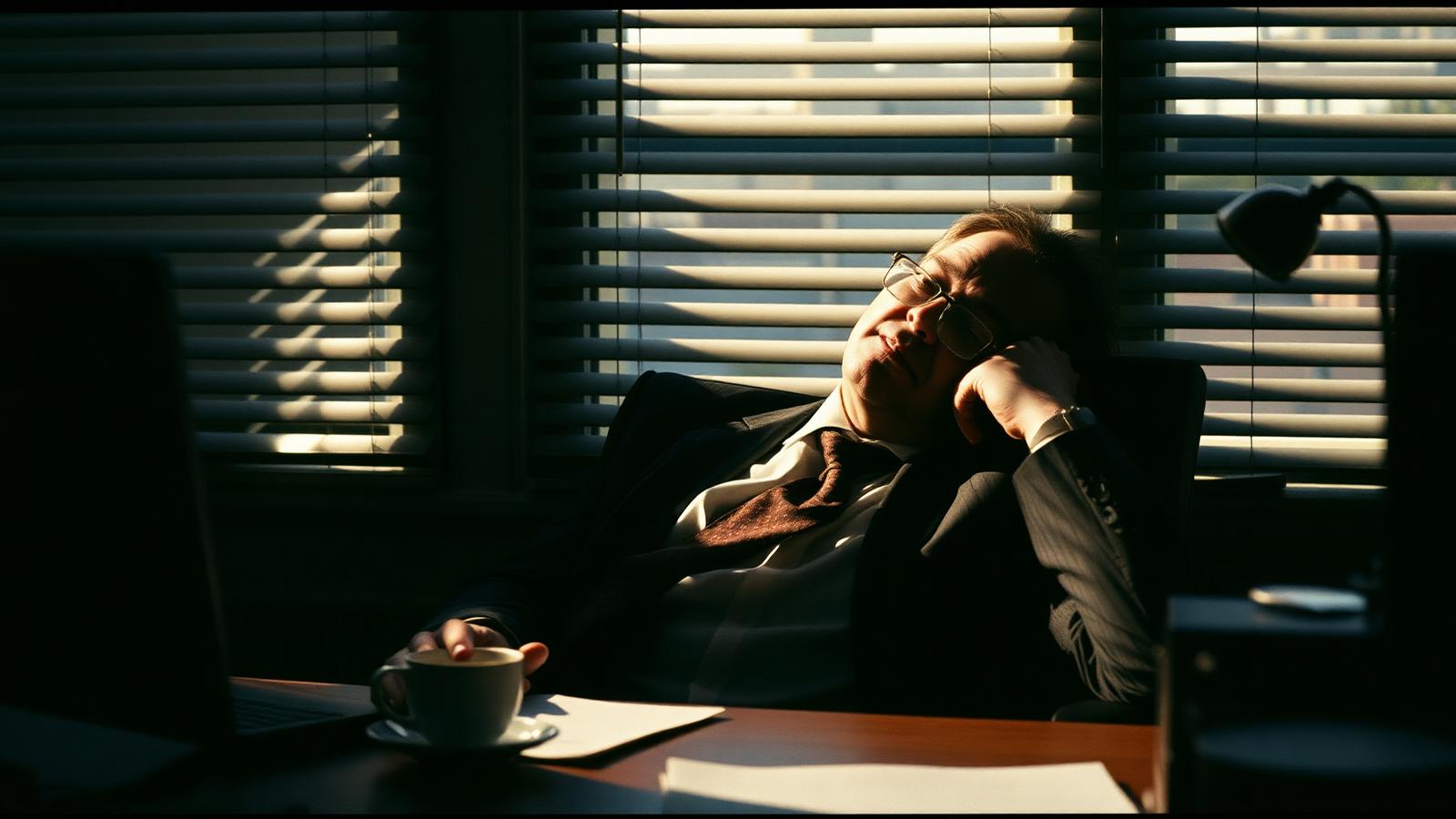 A founder slumped at his desk in the late afternoon with cold coffee