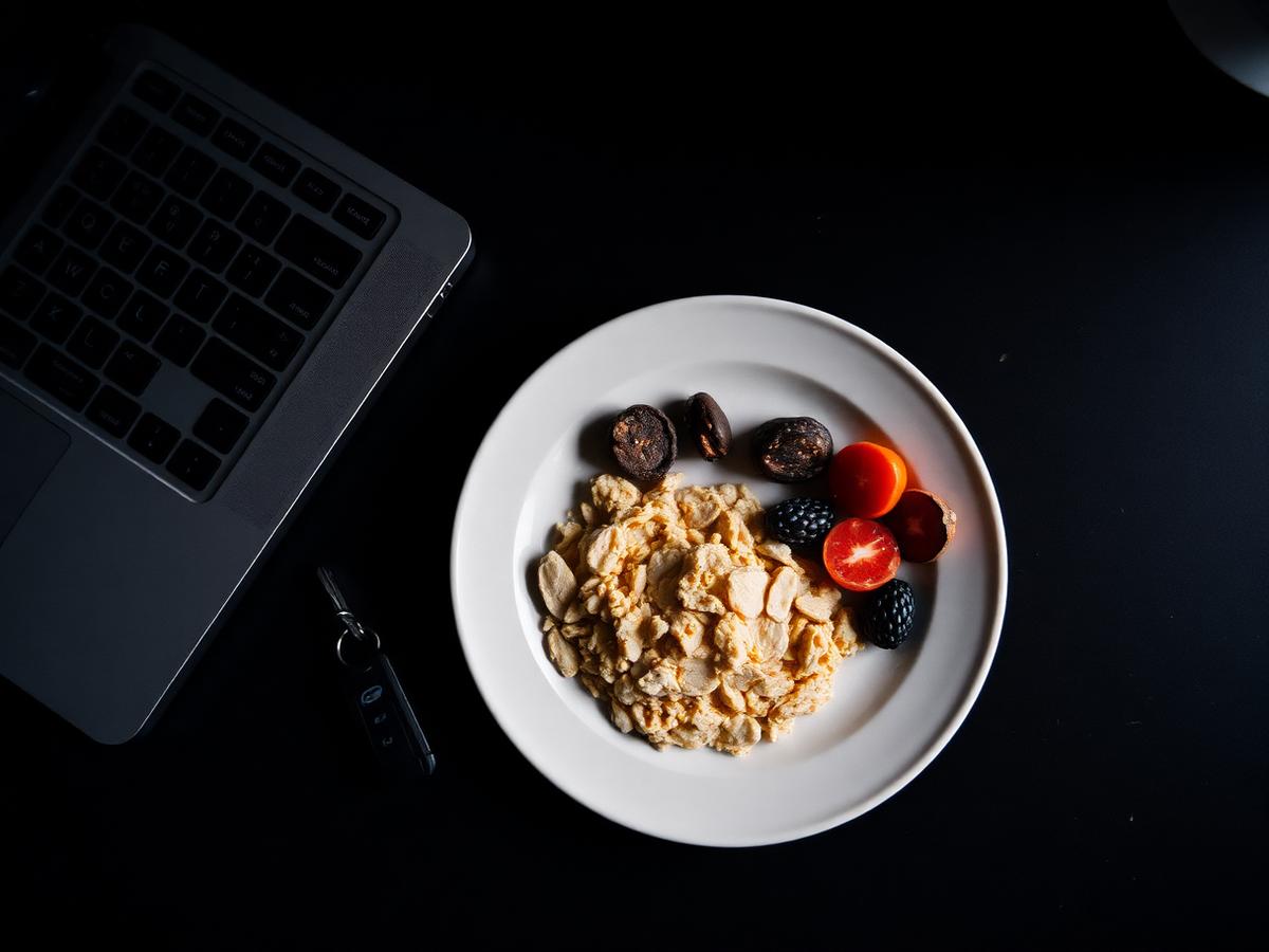 A simple high-protein plate on a desk next to a laptop and car keys