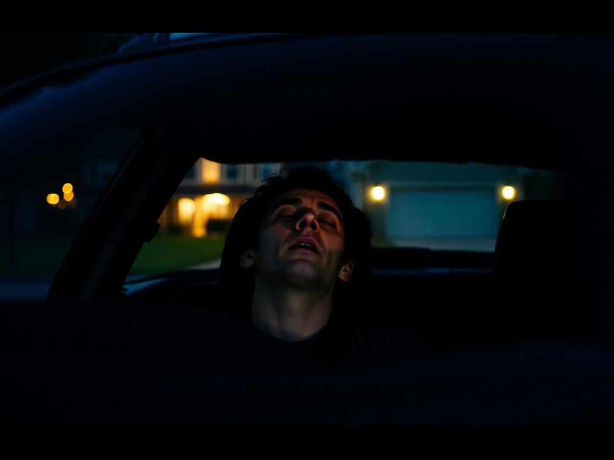 A man sitting in his parked car in the driveway at dusk, breathing before he walks in