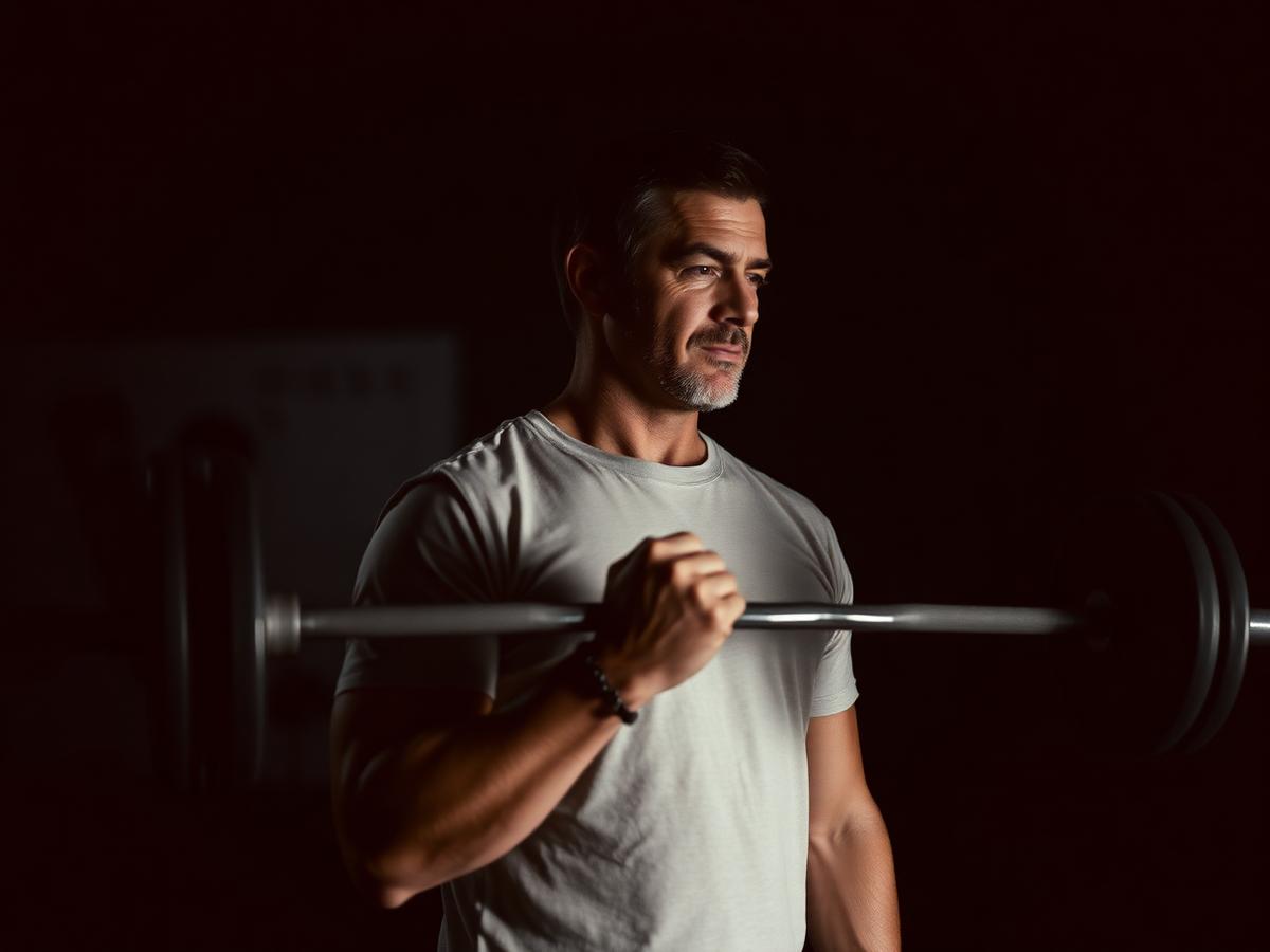 A founder mid-set with a loaded barbell in a dim gym